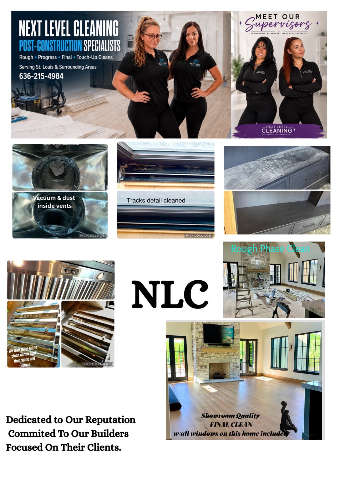 Next Level Cleaning STL project collage showing post-construction and detailed cleaning work